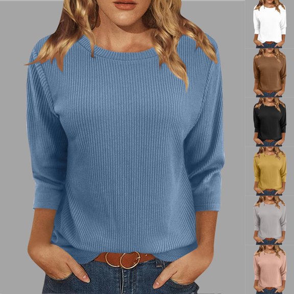Htigea 3/4 Sleeve Knit Tops for Women Cute Summer Dressy Casual Round Neck Basic Workout T-Shirts Loose Fit Comfy Tunic Blouse Today Sales Blue,2XL