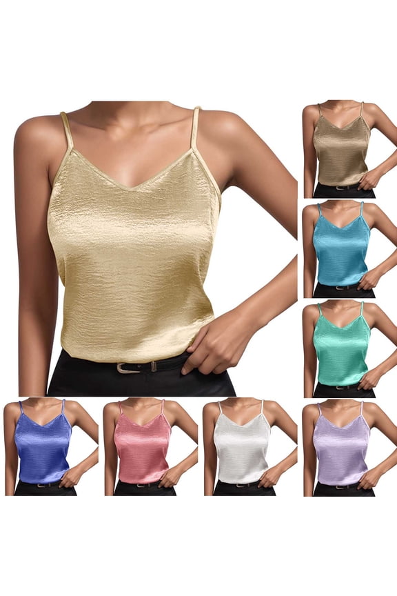 Htigea Basic Women's Silk Tank Top Ladies V-Neck Camisole Silky Loose Sleeveless Blouse Satin Tank Shirt White,XL