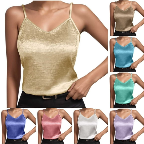 Htigea Basic Women's Silk Tank Top Ladies V-Neck Camisole Silky Loose Sleeveless Blouse Satin Tank Shirt White,L