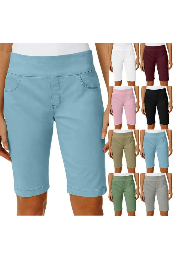 Bermuda Shorts for Women High Waisted Trendy Patch Pocket Casual Long Stretchy Denim Shorts Summer Blue,2XL