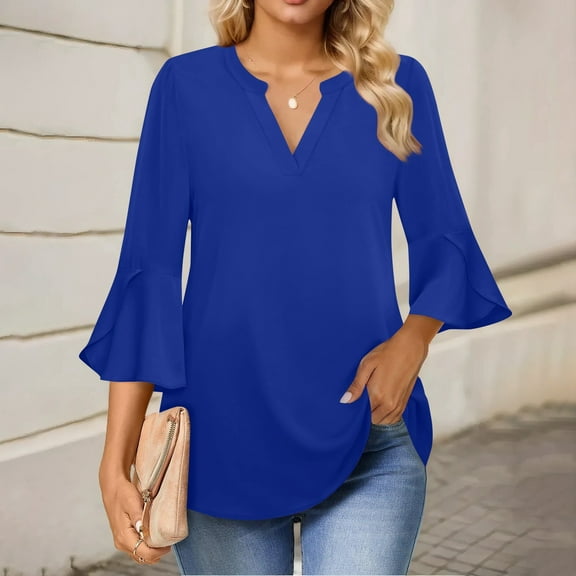 Htigea Blouses for Women Ruffle 3/4 Sleeve Dressy V Neck Casual Flowy Tunic Tops Blue,M
