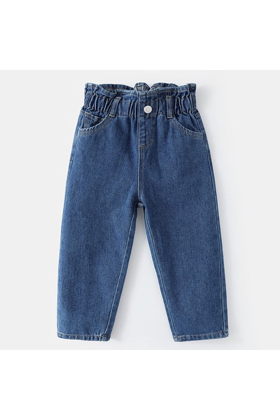 Htigea Boys Girls Casual Straight Leg Denim Pants Elastic Waist Jeans with Pockets Blue,90