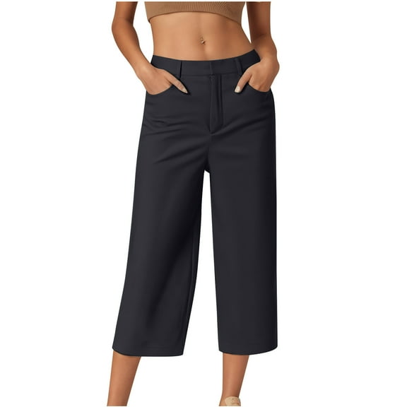 Htigea Clearance Capri Pants for Women High Waisted Pull On Dress Pants Slim Straight Leg Stretchy Waist Capris Trousers Pants Today Sales Black XL