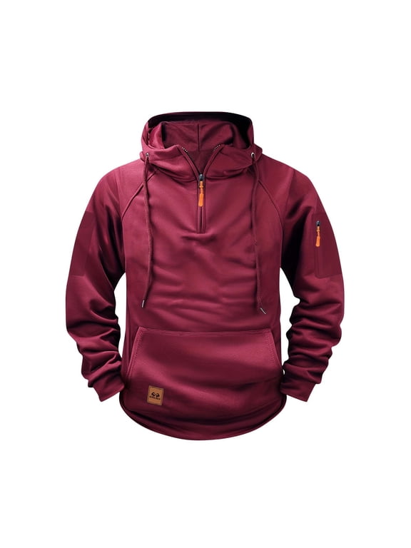 Cargo Hoodies for Men Tactical Sweatshirt Quarter Zip Cargo Pullover Hoodies Workout Gym Men Fashion Outdoor Hoodie Wine,M