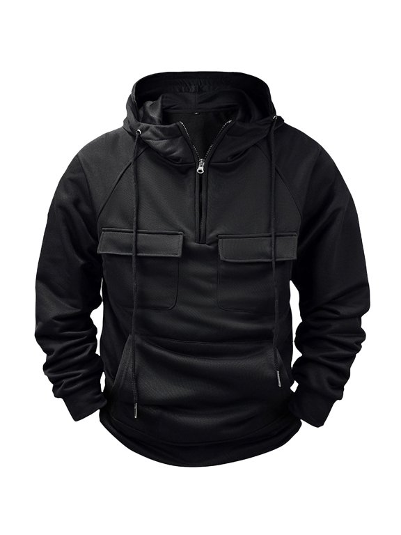 Cargo Hoodies for Men Tactical Sweatshirt Quarter Zip Cargo Pullover Hoodies Workout Gym Men Fashion Outdoor Hoodie Black,S
