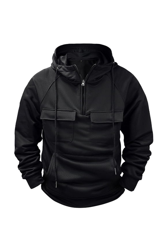 Htigea Cargo Hoodies for Men Tactical Sweatshirt Quarter Zip Cargo Pullover Hoodies Workout Gym Men Fashion Outdoor Hoodie Black,XL