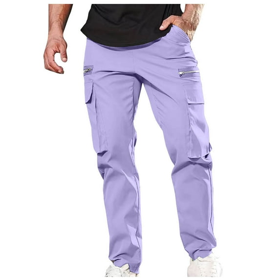 Htigea Cargo Pants for Men Men Solid Patchwork Casual Multiple Pockets Outdoor Straight Type Fitness Pants Cargo Pants Trousers Outdoors Today Sales Purple,M