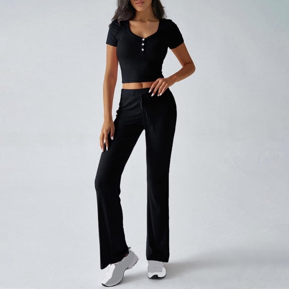 Htigea Clearance Casual Workout Two Piece Outfits for Women Short Sleeve Crop High Waist Pants Tracksuit Sets Streetwear Clearance Sale Black,M