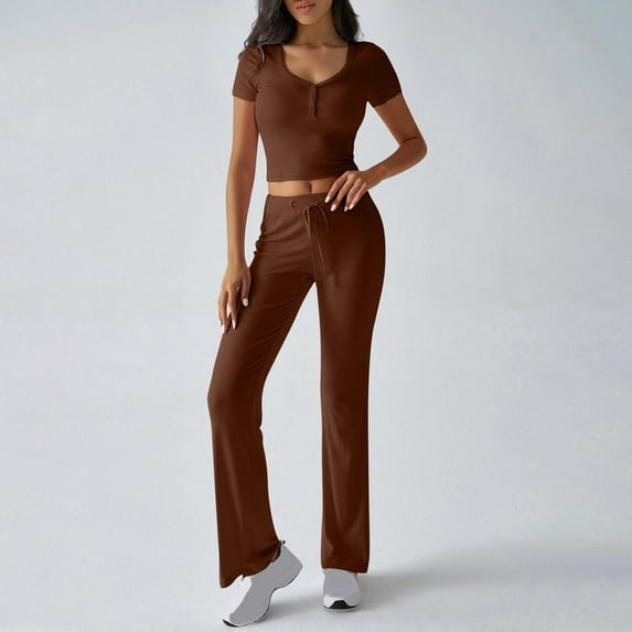 Htigea Casual Workout Two Piece Outfits for Women Short Sleeve Crop High Waist Pants Tracksuit Sets Streetwear Coffee,S