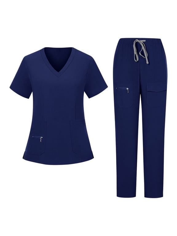 Htigea Scrubs for Women Set Modern V-Neck Top Jogger Pants Athletic Nursing Uniform Solid Stretch Workwear Navy,L