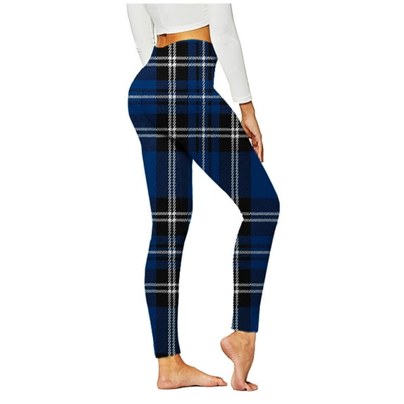 Htigea Clearance Color Plaid Leggings for Women,Womens High Waisted Workout Yoga Pants, Full Length Stretchy Running Tights Today Sales Blue,L