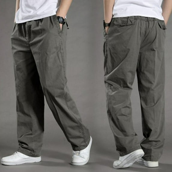 Htigea Cotton Cargo Pants Men Big And Tall Drawstring Hiking Pants Outdoor Elastic Waistband Travel Fishing Camping Work Pants with 6 Pockets M-6XL