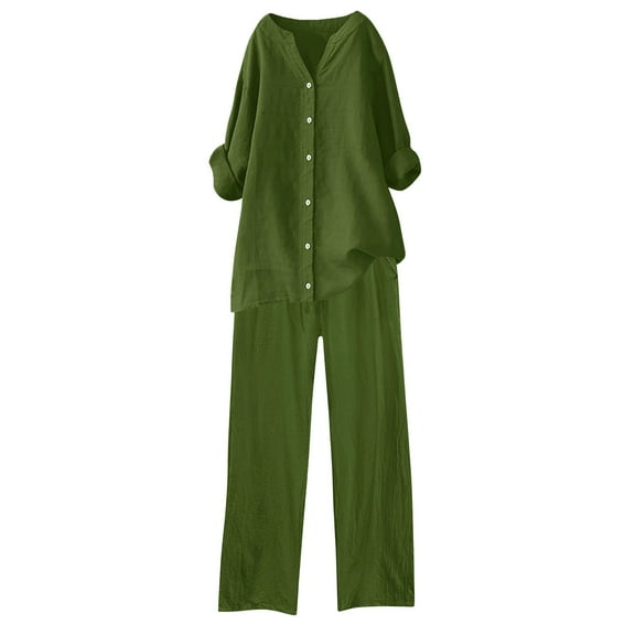 Htigea Clearance Cotton Linen 2 Piece Outfits for Women Sleeveless Crewneck Tops and Long Pants Plus Size Summer Solid Tracksuit Sets Today Sales Army Green,L