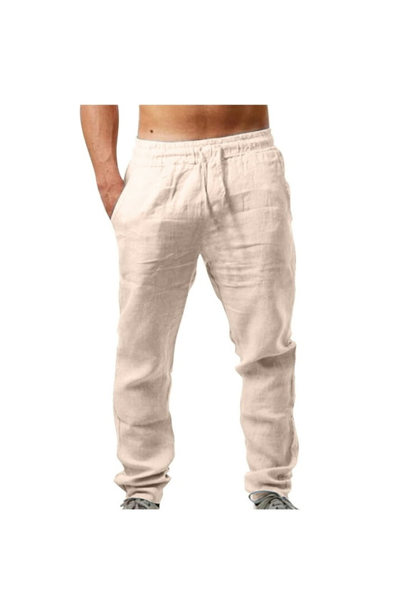 Cotton Linen Pants for Men Elastic Waist Drawstring Straight Leg Pants Casual Loose Lounge Trousers with Pockets Today Sales Khaki,XXL