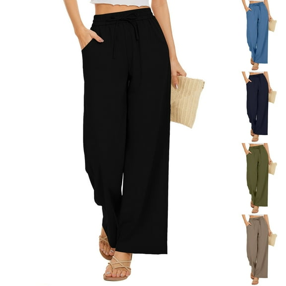 Htigea Cotton Linen Pants for Women Summer Wide Leg Casual Loose Drawstring High Waist Pants Black S
