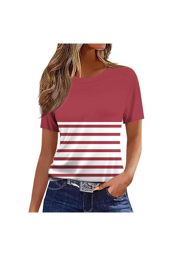 Htigea Crewneck Basic T Shirts for Women Short Sleeve 2025 Summer Trendy Tops Solid Casual Loose Fit Tee Shirt Sale Red,L