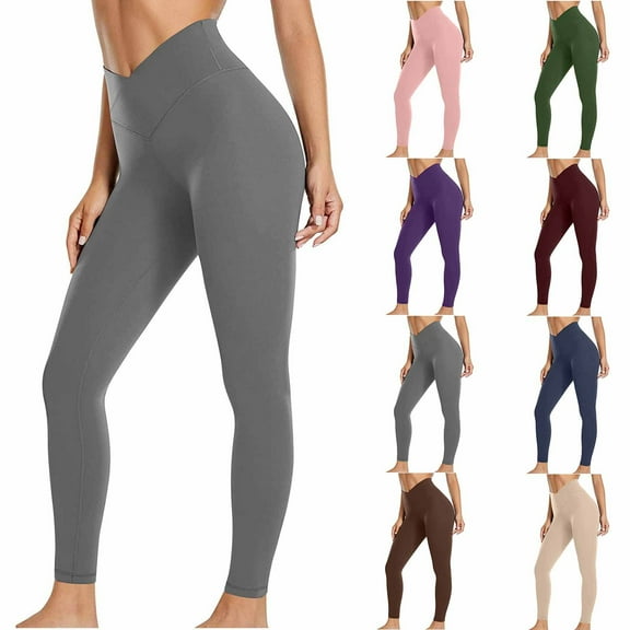 Htigea Cross Waist Workout Leggings for Women Hidden Scrunch Yoga Pants Crossover Tummy Control Leggings Beige,L