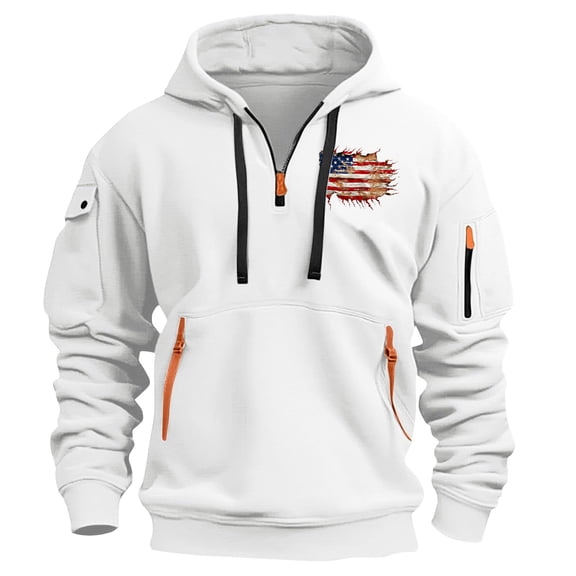 Htigea Fashionable Men's Printed Hooded Sweatshirt with Zipper and Multiple Pockets Pullover Sweatshirt White,S