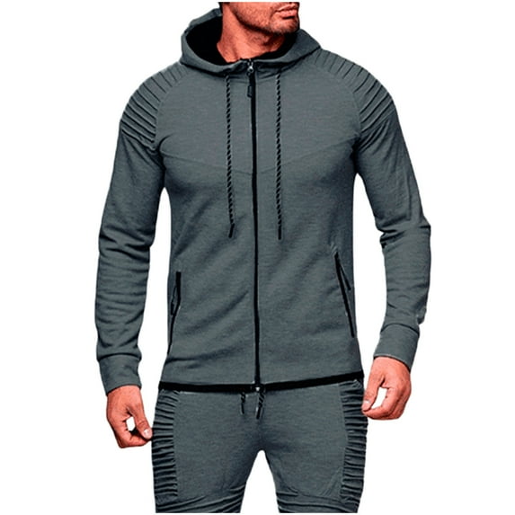 Htigea Fashionable Men's Solid Color Long Seeved Full Zip Hooded Casual Sweatshirt Jacket Dark Gray,XXL