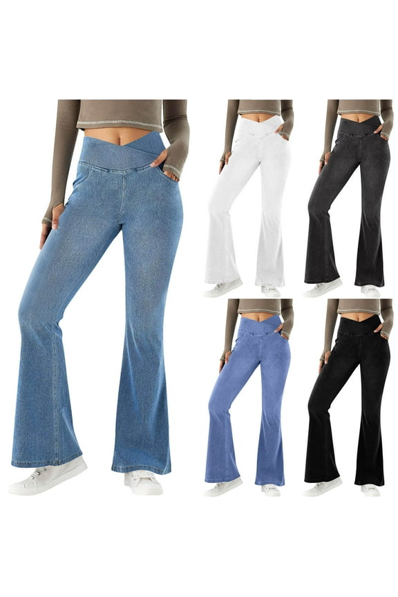Htigea Flare Jeans for Women Crossover High Waisted Bell Bottom Jeans Trendy Yoga Pants Stretchy Flare Leggings with Pockets Black,L