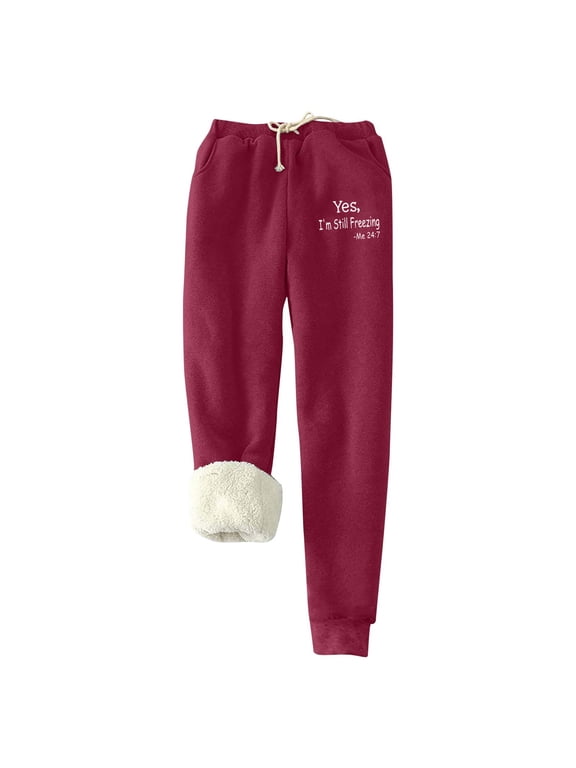 Htigea Fleece Pants for Women Lamb Fleece Pockets Pants Elastic Drawstring Thickened Plush Insulation Pants Women's Christmas Printed Bottom Pants Wine,S