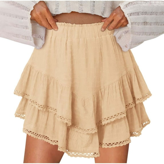Htigea Flowy Shorts for Women Casual Boho Ruffle Tiered Skorts High Waist Mini Skirts Golf Tennis Crochet Shorts for Women Beige,XXL
