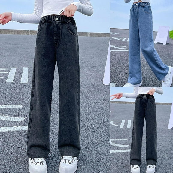 Htigea Girl's Elastic Waist Wide Leg Jean Denim Pants Streetwear Long Pants with Pocket Black,120