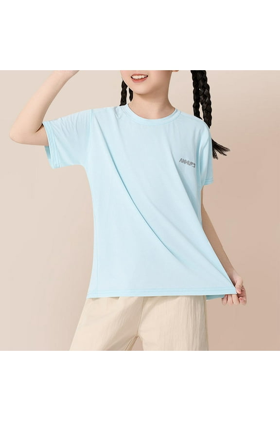 Htigea Girl's Short Sleeve Tee Summer Crewneck T-Shirt Casual Loose Fit Basic Shirts Today Sales Blue,5 Years