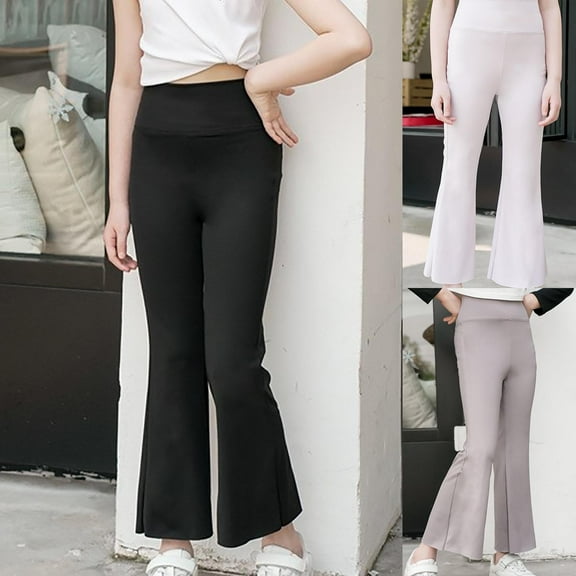 Htigea Girls Flare Leggings with Pockets, High Waist Bootcut Yoga Pants, Dance Athletic Bell Bottoms for Teen Kids Black,140