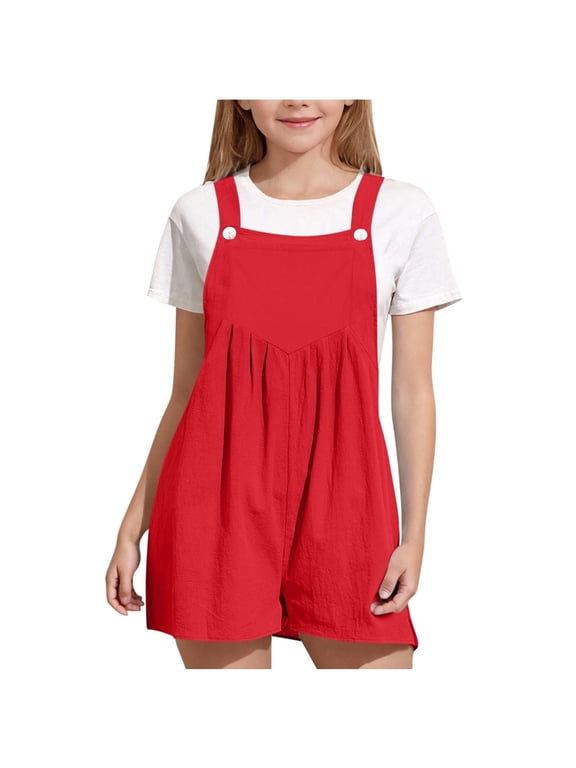 Girls Overall Shorts Kids Summer Casual Adjustable Strap Rompers with Pockets Red,13 Years