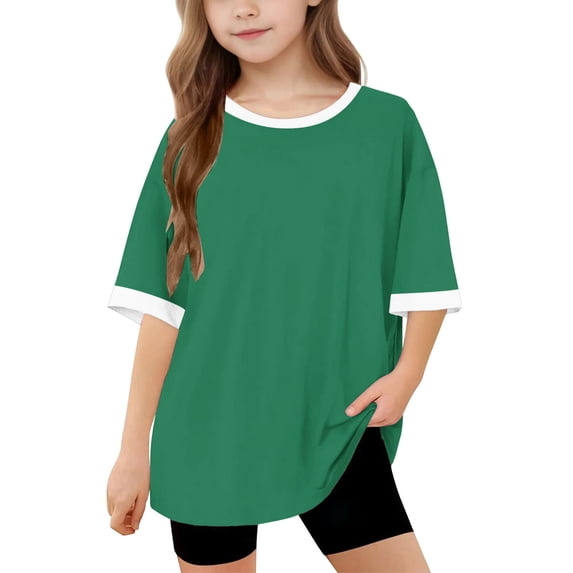 Htigea Girls Short Sleeve Oversized T Shirts Kids Summer Crewneck Tops Basic Tees Comfortable Fit Sale Green,6 Years