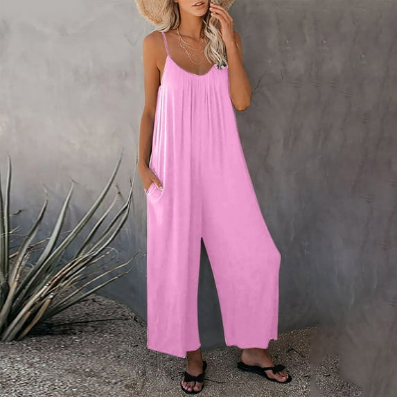 Htigea Jumpsuits for Women Sleeveless Spaghetti Strap Ribbed Overall Jumpsuit V Neck Summer Romper with Pockets 2025 Pink,XXL