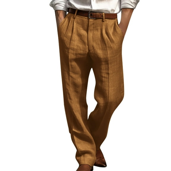 Htigea Khaki Pants for Men Big and Tall Men's Casual Loose Straight Leg Solid Pants with Double Pleated Front Pocket