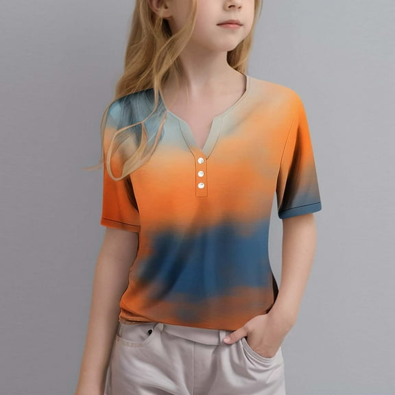 Htigea Kid's Girl's Casual Summer Button V Neck Tshirt Short Sleeve T Shirts Comfy Cute Solid Color Loose Tee Shirt Sale Orange,4Years