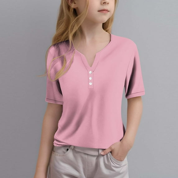 Htigea Kid's Girl's Casual Summer Button V Neck Tshirt Short Sleeve T Shirts Comfy Cute Solid Color Loose Tee Shirt Sale Pink,11 Years