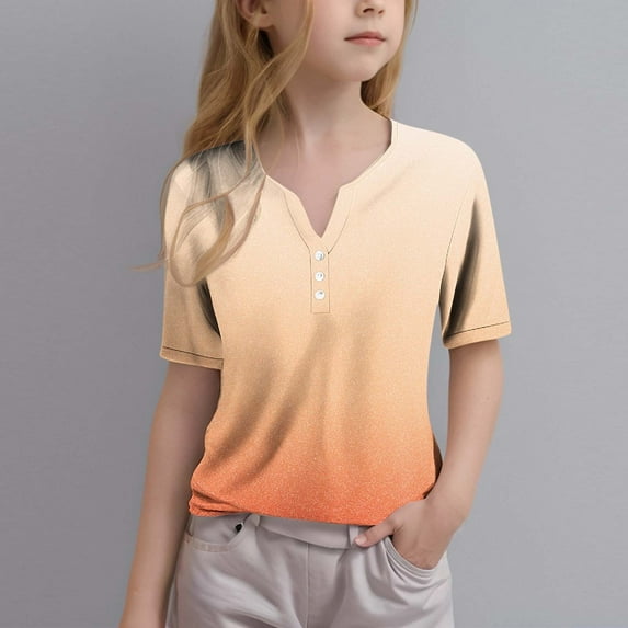 Htigea Kid's Girl's Casual Summer Button V Neck Tshirt Short Sleeve T Shirts Comfy Cute Solid Color Loose Tee Shirt Today Deals Orange,11Years