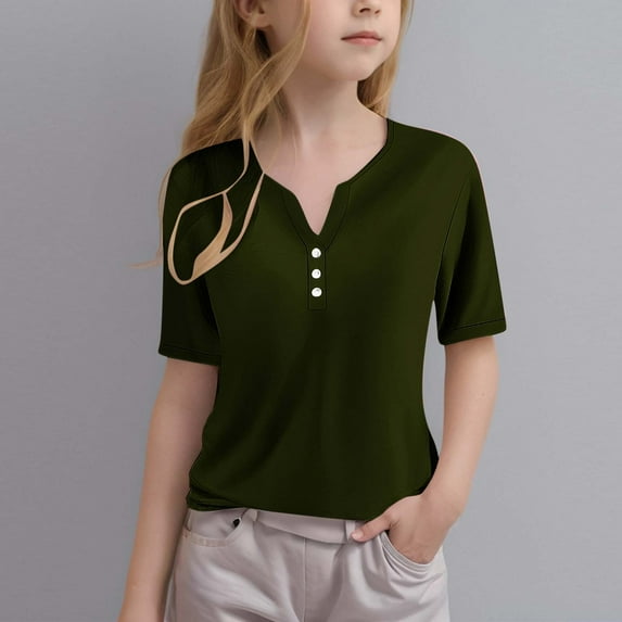 Htigea Kid's Girl's Casual Summer Button V Neck Tshirt Short Sleeve T Shirts Comfy Cute Solid Color Loose Tee Shirt Today Sales Army Green,4 Years