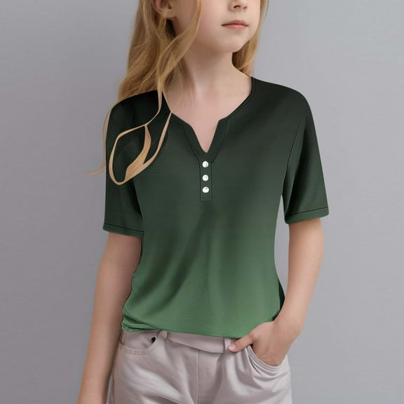 Htigea Kid's Girl's Casual Summer Button V Neck Tshirt Short Sleeve T Shirts Comfy Cute Solid Color Loose Tee Shirt Today Sales Army Green,4Years