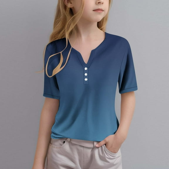 Htigea Kid's Girl's Casual Summer Button V Neck Tshirt Short Sleeve T Shirts Comfy Cute Solid Color Loose Tee Shirt Today Sales Navy,9Years