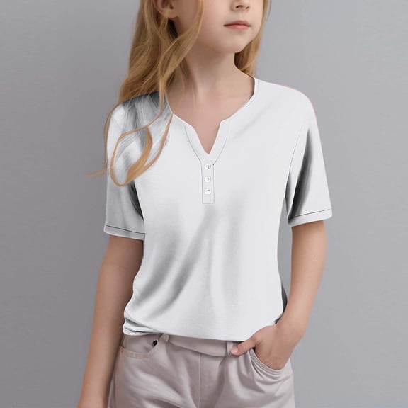 Htigea Kid's Girl's Casual Summer Button V Neck Tshirt Short Sleeve T Shirts Comfy Cute Solid Color Loose Tee Shirt Today Sales White,4 Years