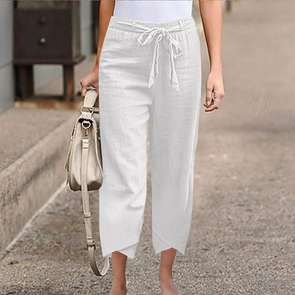 Htigea Linen Pants Women Casual Solid Color Summer Pants with Pockets Comfy Loose Elastic Waist Pants White S