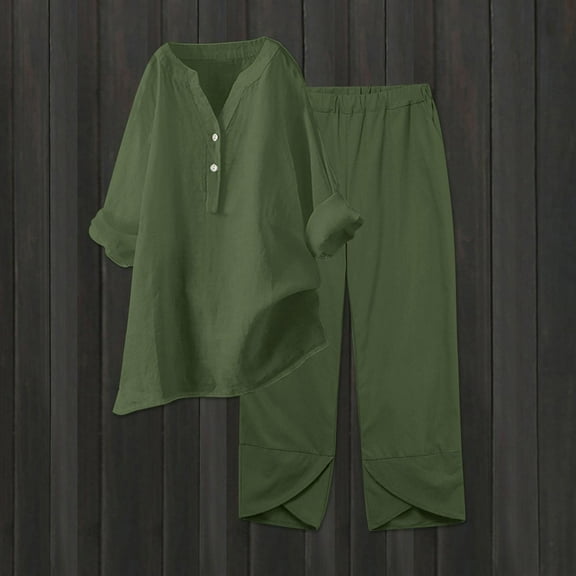 Htigea Linen Sets for Women 2 Piece Summer Beach Short Sleeve Top and Shorts Vacation Tracksuits Sale Army Green,L