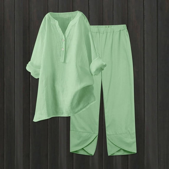 Htigea Linen Sets for Women 2 Piece Summer Beach Short Sleeve Top and Shorts Vacation Tracksuits Today Sales Mint Green,L