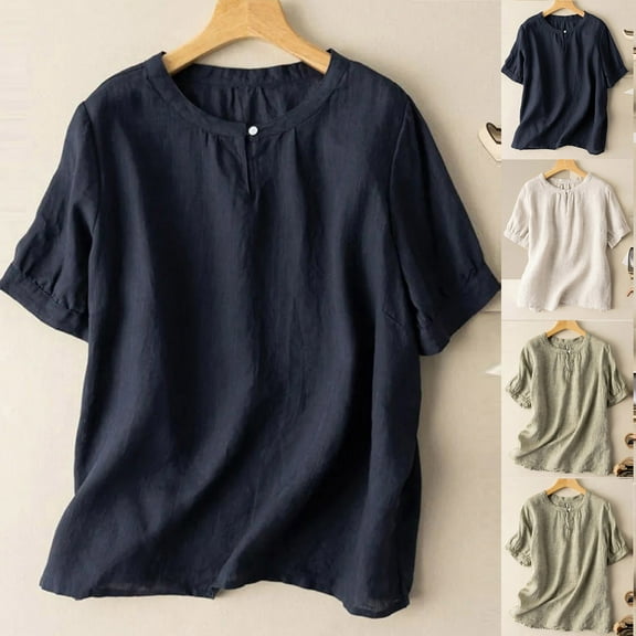 Htigea Linen Shirts for Women,Short Sleeve Blouse for Women Cotton Linen Tops Summer Crew Neck Casual Shirts Sale Army Green,2XL