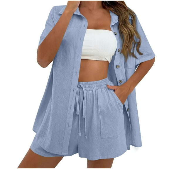 Htigea Linen Short Sets for Women Short Sleeve Top Shorts 2 Piece Summer Beach Vacation Outfits Lounge Tracksuits Outdoor Sale Light Blue,M