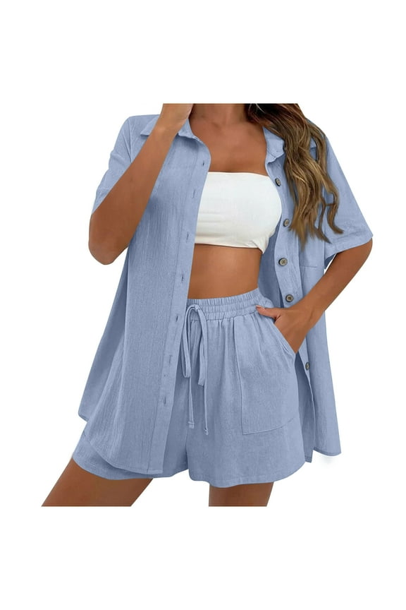 Htigea Linen Short Sets for Women Short Sleeve Top Shorts 2 Piece Summer Beach Vacation Outfits Lounge Tracksuits Outdoor Sale Light Blue,M