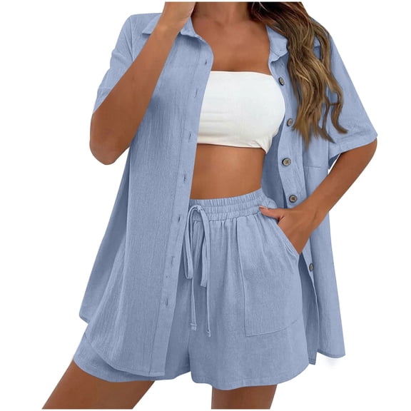 Htigea Linen Short Sets for Women Short Sleeve Top Shorts 2 Piece Summer Beach Vacation Outfits Lounge Tracksuits Outdoor Light Blue,L
