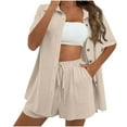 thumbnail image 1 of Htigea Linen Short Sets for Women Short Sleeve Top Shorts 2 Piece Summer Beach Vacation Outfits Lounge Tracksuits Outdoor Today Beige,L, 1 of 7