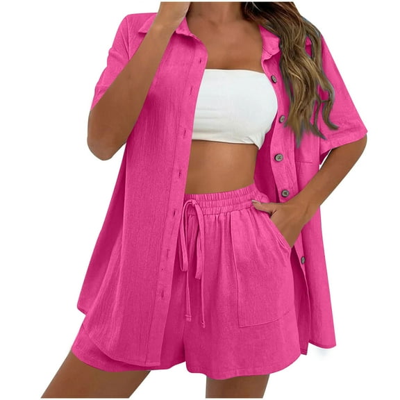 Htigea Linen Short Sets for Women Short Sleeve Top Shorts 2 Piece Summer Beach Vacation Outfits Lounge Tracksuits Sale Hot Pink,L