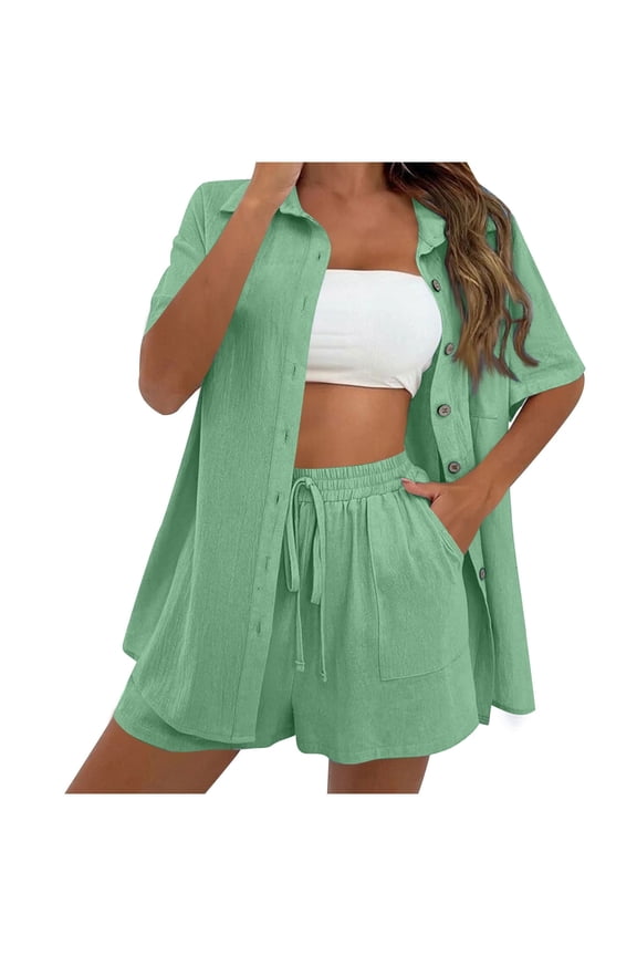 Htigea Linen Short Sets for Women Short Sleeve Top Shorts 2 Piece Summer Beach Vacation Outfits Lounge Tracksuits Army Green,S